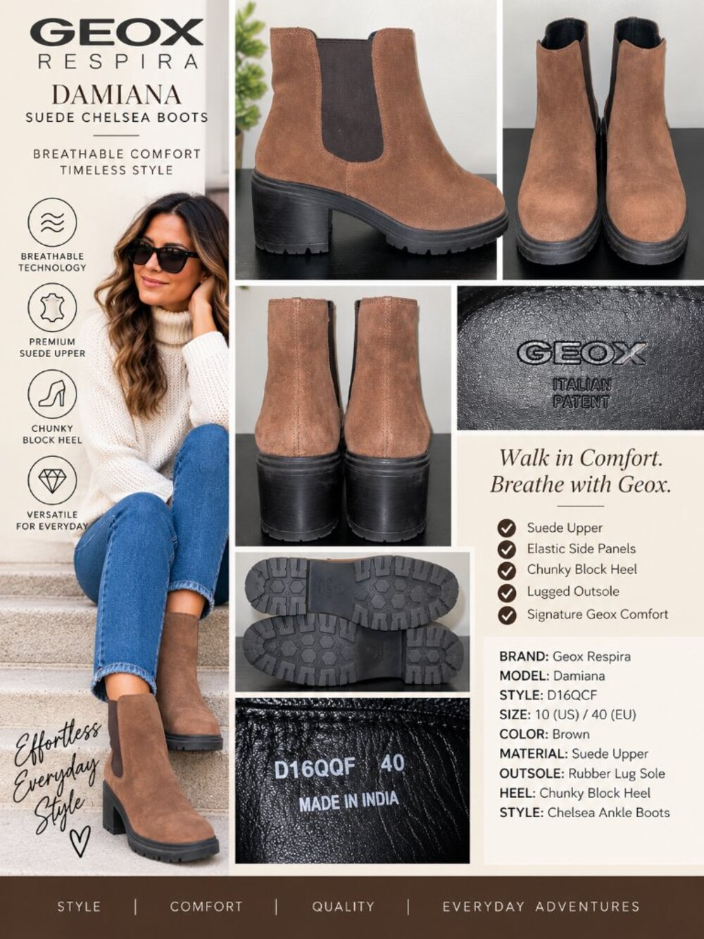 Geox Respira DAMIANA Brown Suede Round‎ Toe Pull On Chelsea Boots, Size 10.
